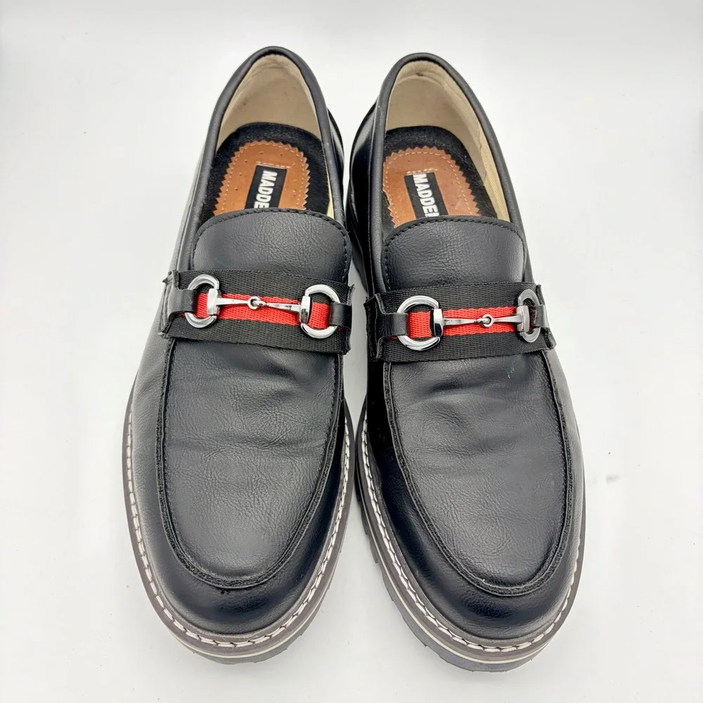 Steve Madden Karver Mens Bit Loafers Black Webbing‎ Strap Lug Sole 9.5